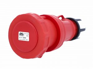 CEE Kupplung 63 A mit schlagfestem Polyamid-Gehäuse, gummierten Griffflächen und IP67 Schutz, robust für Baustellen und Gewerbe.